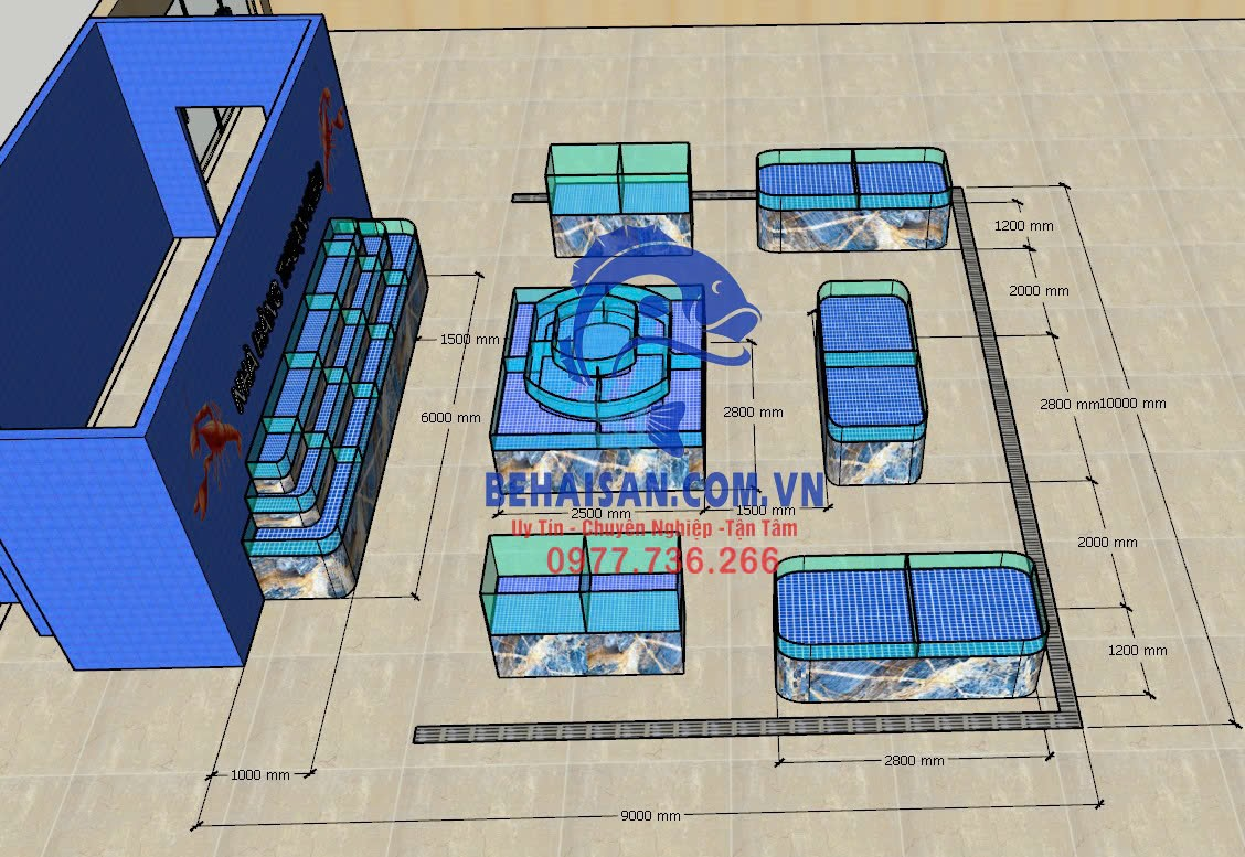 Bản vẽ 3D cửa hàng hải sản SeaHome - kích thước 9000x10000mm