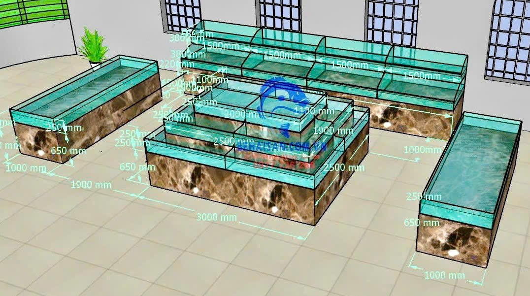 Bản vẽ 3D bể hải sản nhà hàng kính trong suốt nhiều tầng SeaHome